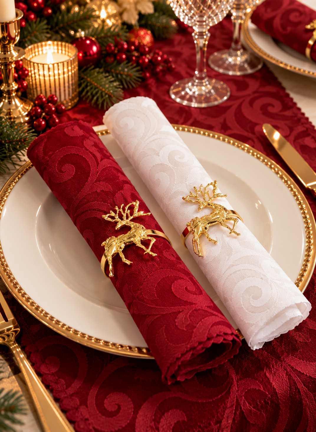 Burgundy and white jacquard cloth napkins on a Christmas table, by NYOUME