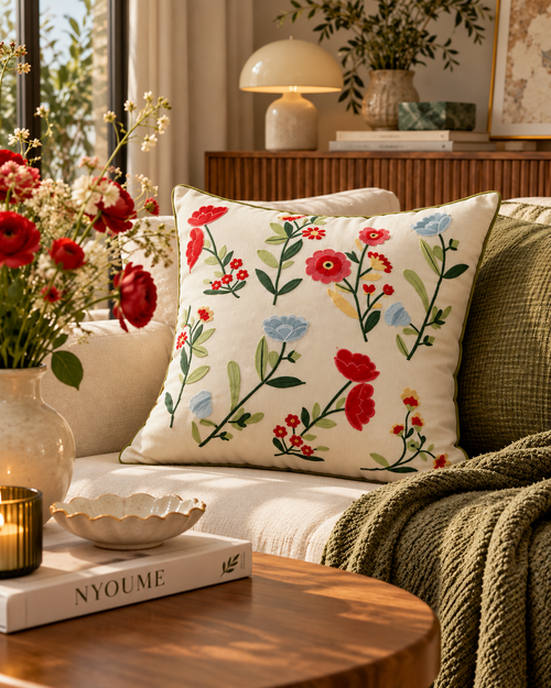 Embroidered wildflower cushion 45 x 45 cm on an ivory base by NYOUME