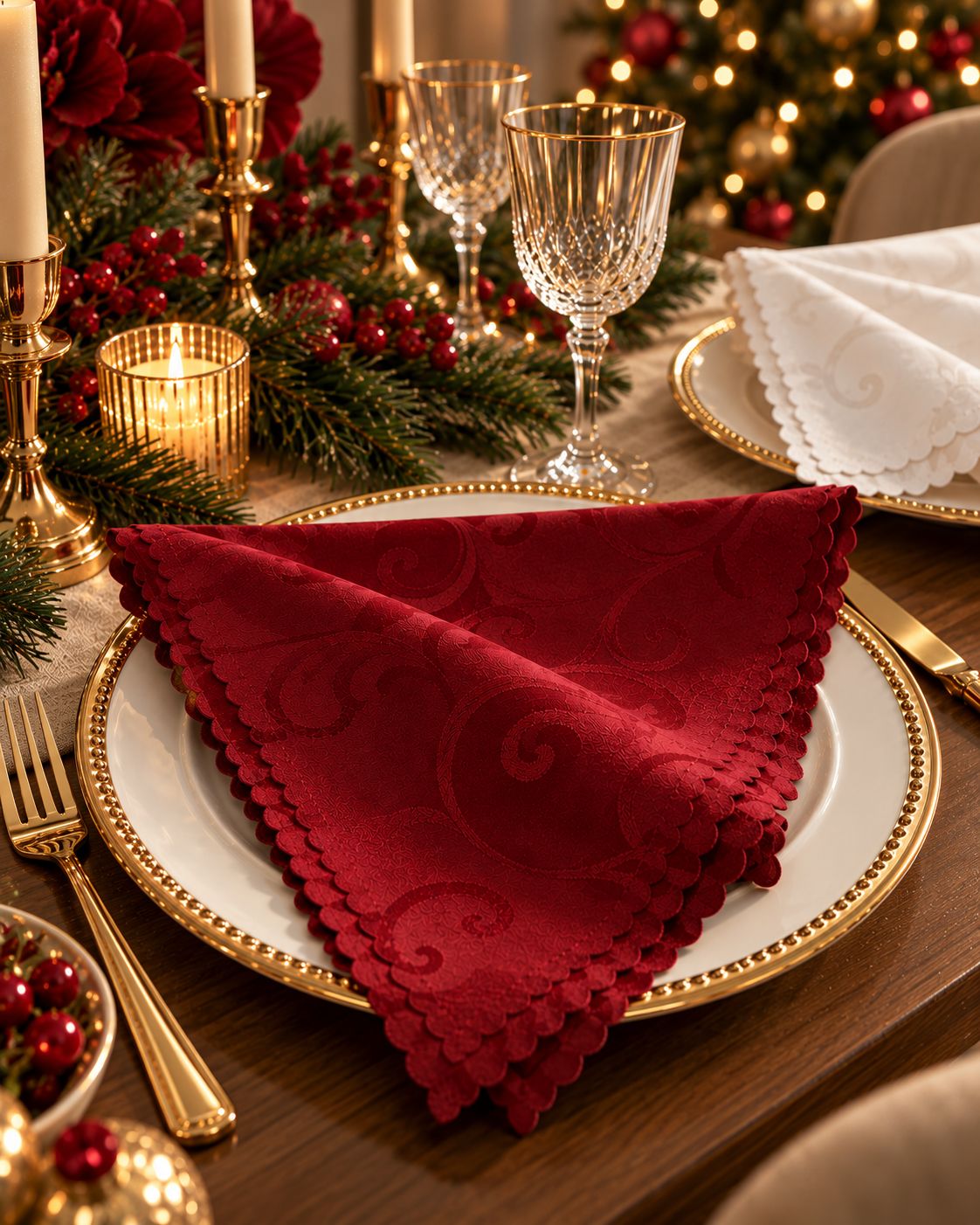 Close-up of burgundy jacquard cloth napkin, 48 x 48 cm