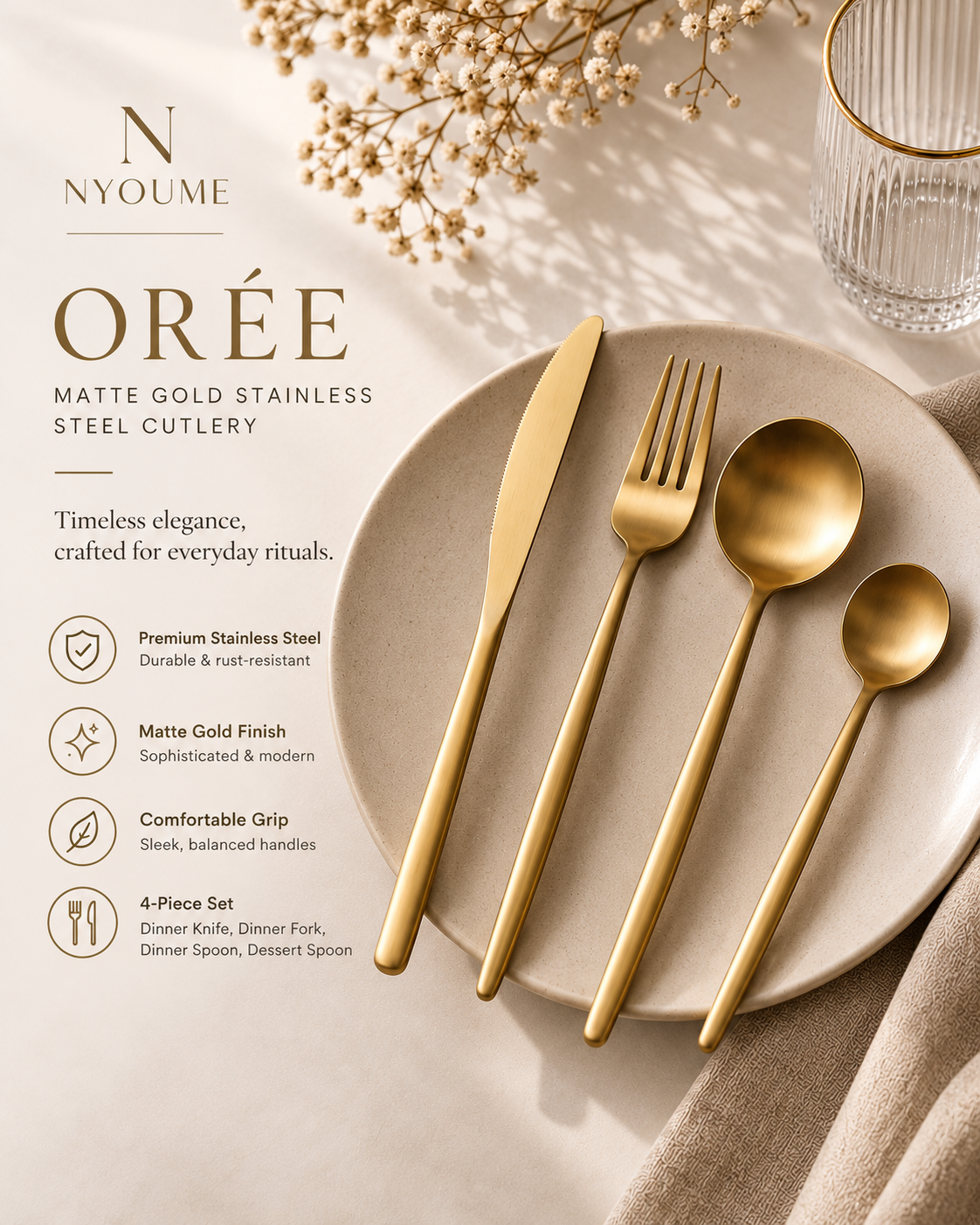 Orée – Matte Gold Stainless Steel Cutlery