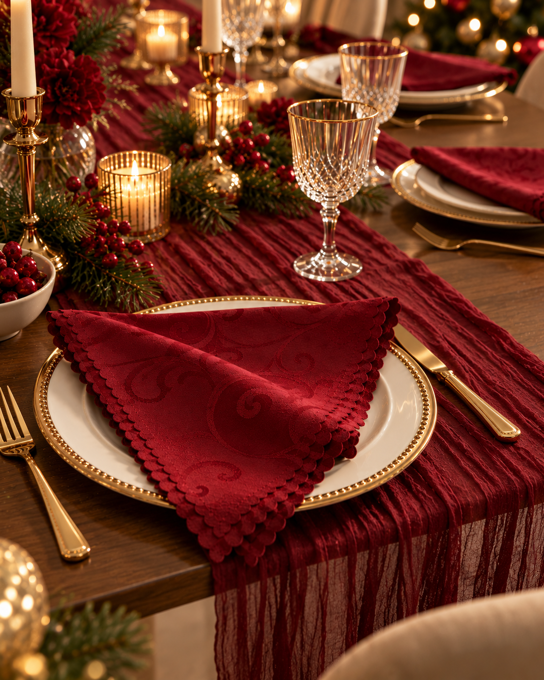 Burgundy jacquard cloth napkin on a holiday dinner table