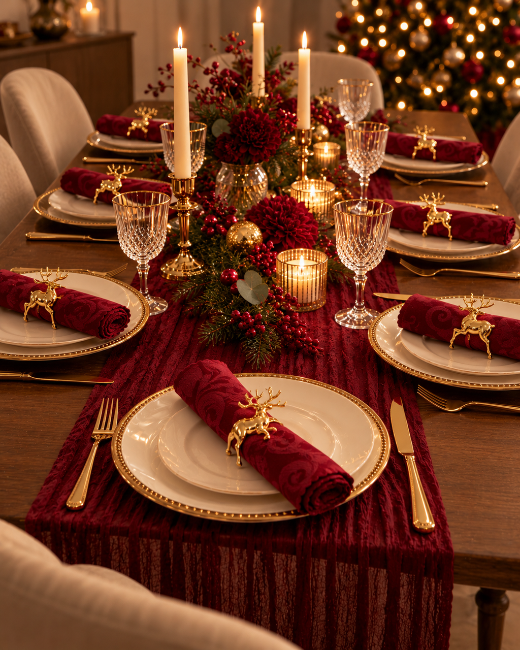 Christmas dinner table set with gold reindeer napkin rings