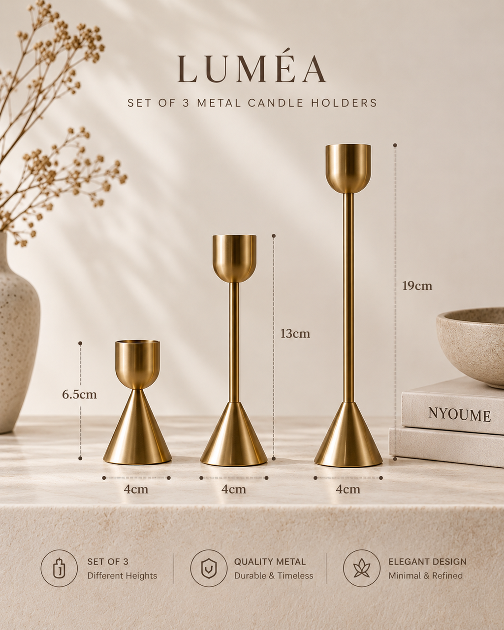 Luméa gold metal candle holders by NYOUME