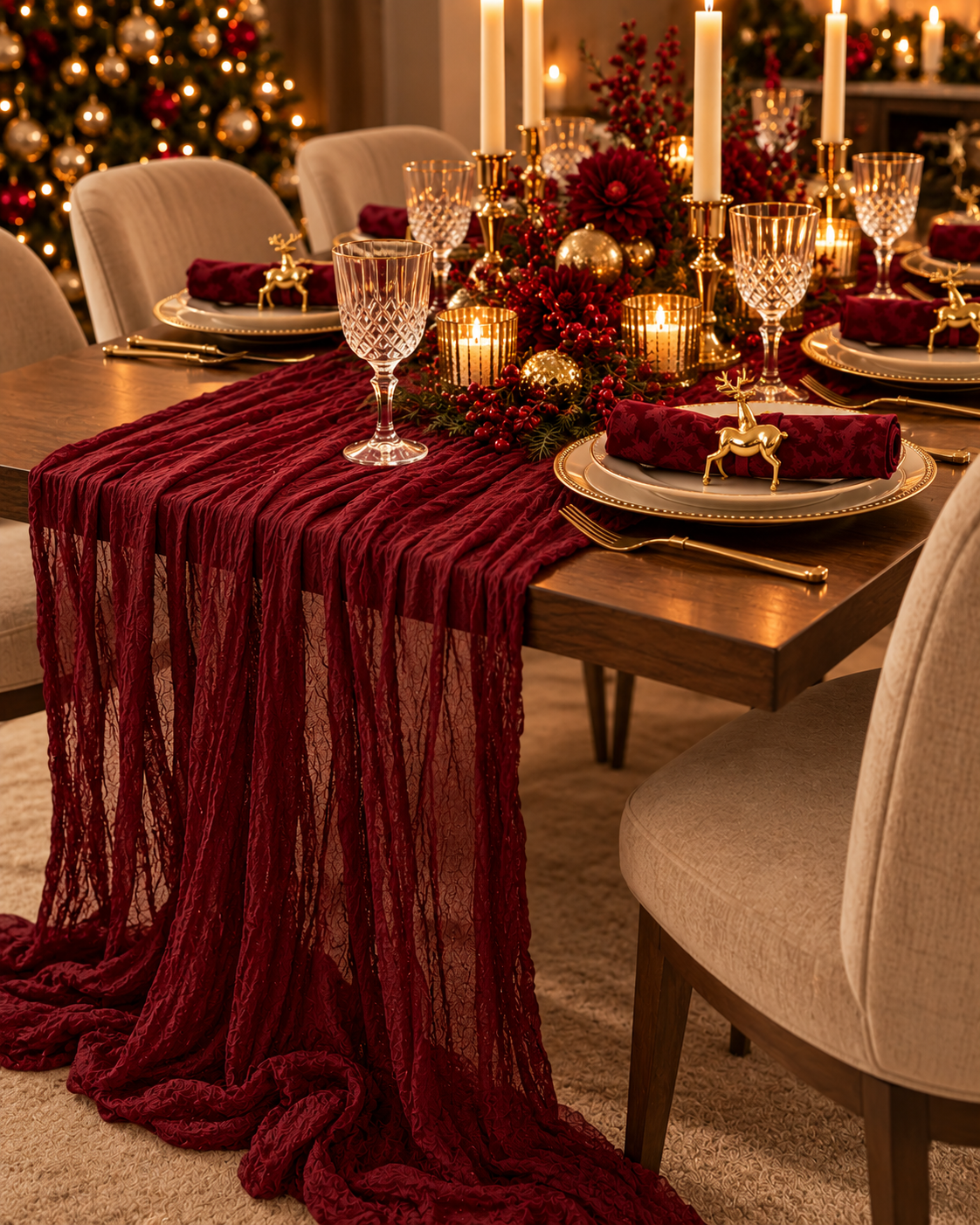 Holiday table set with a wine red voile table runner and candlelight