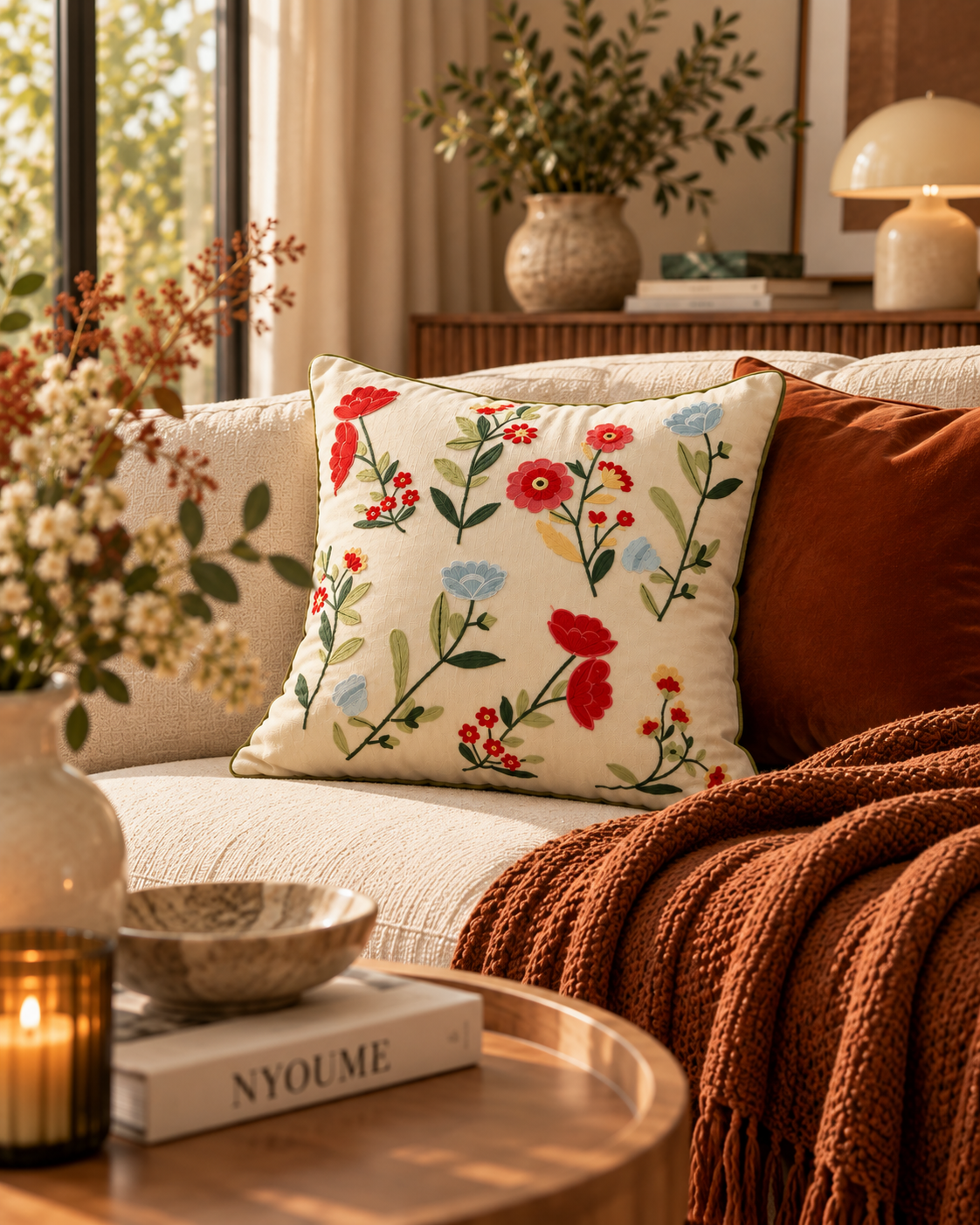 Embroidered Wildflower Cushion with Insert, 45 × 45 cm