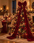 Oversized wine red velvet bow on a lit Christmas tree, by NYOUME