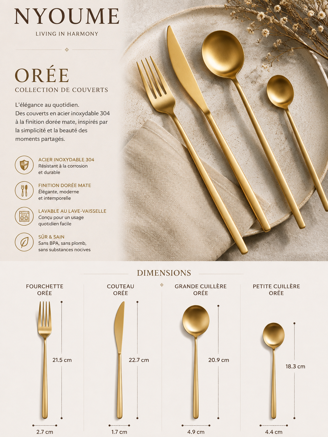 Orée – Matte Gold Stainless Steel Cutlery