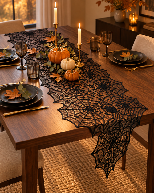 Black spiderweb lace Halloween table runner by NYOUME