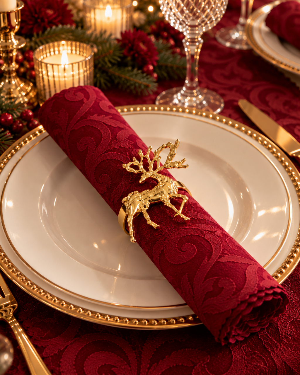 Gold reindeer napkin ring on a Christmas place setting