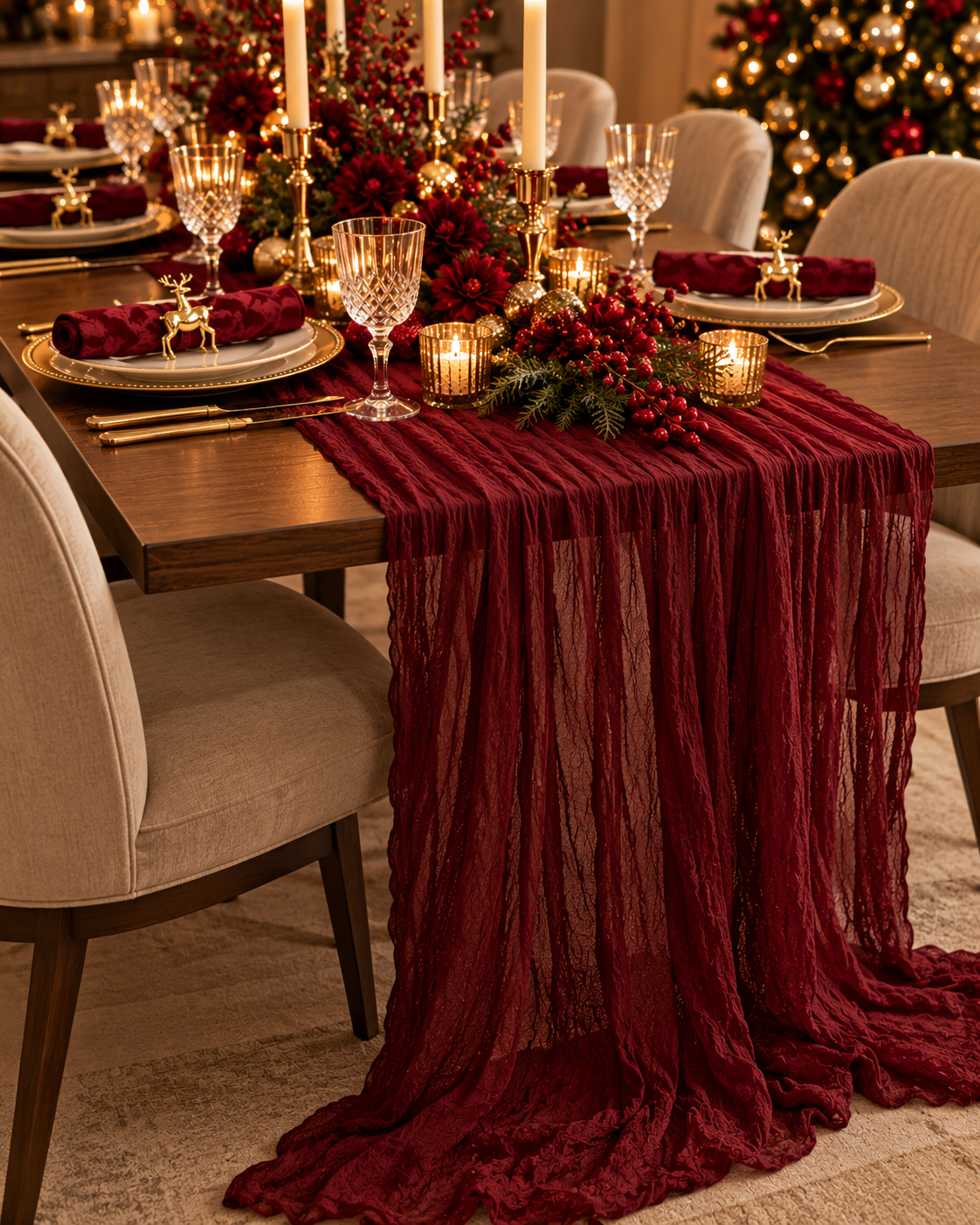 Wine red voile table runner on a Christmas dinner table, by NYOUME