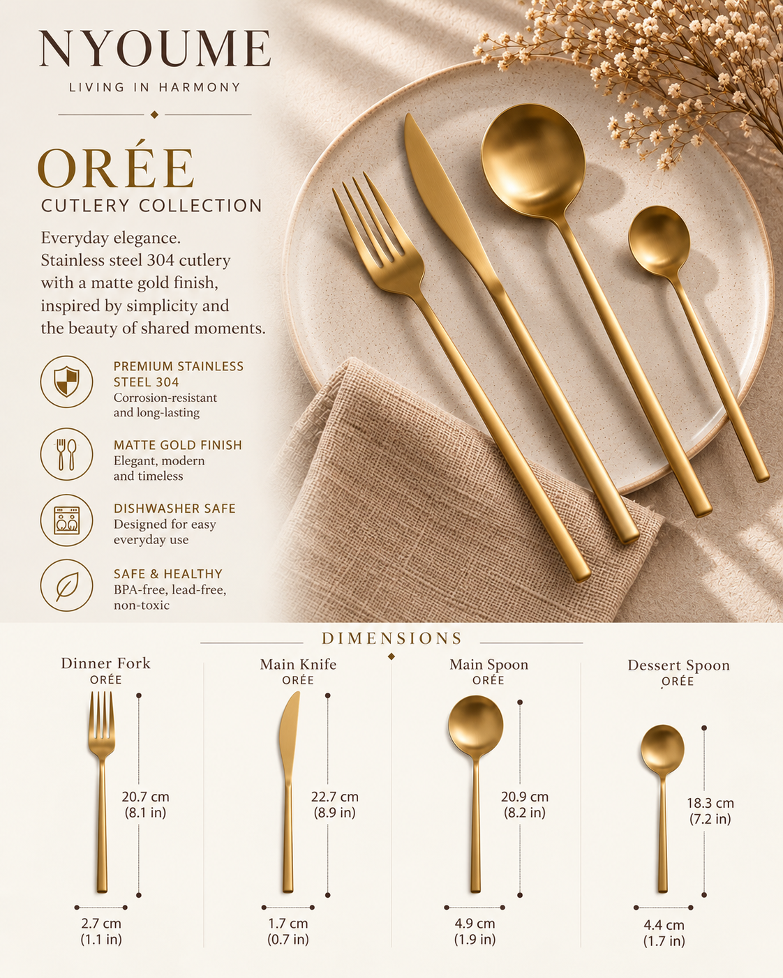 Orée – Matte Gold Stainless Steel Cutlery