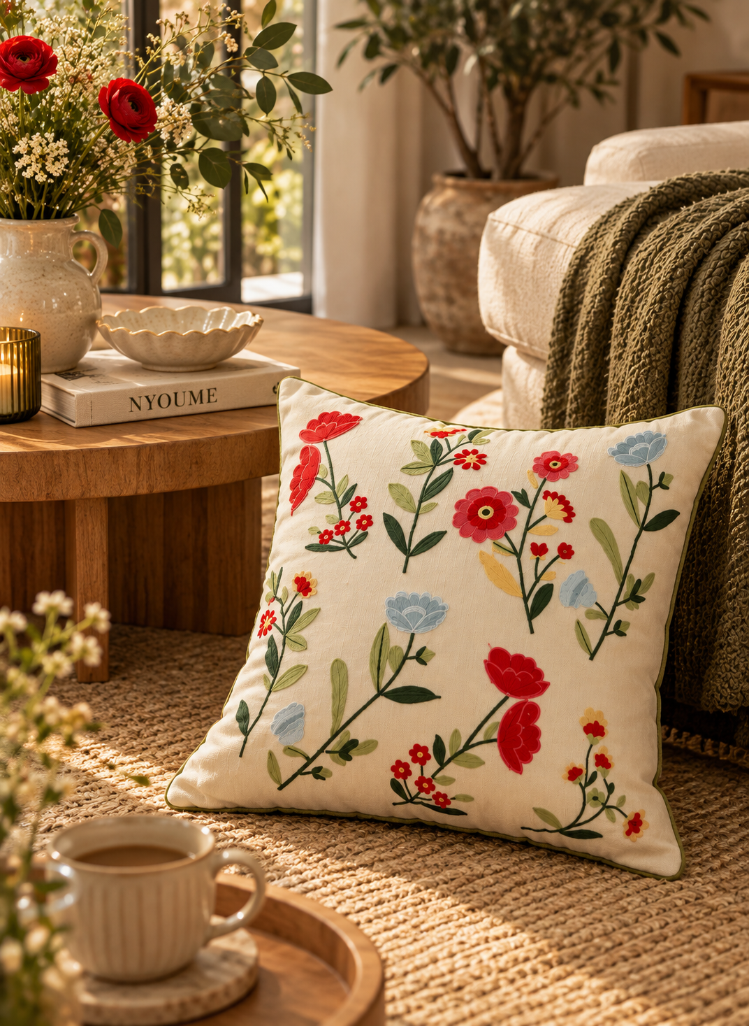 Embroidered Wildflower Cushion with Insert, 45 × 45 cm