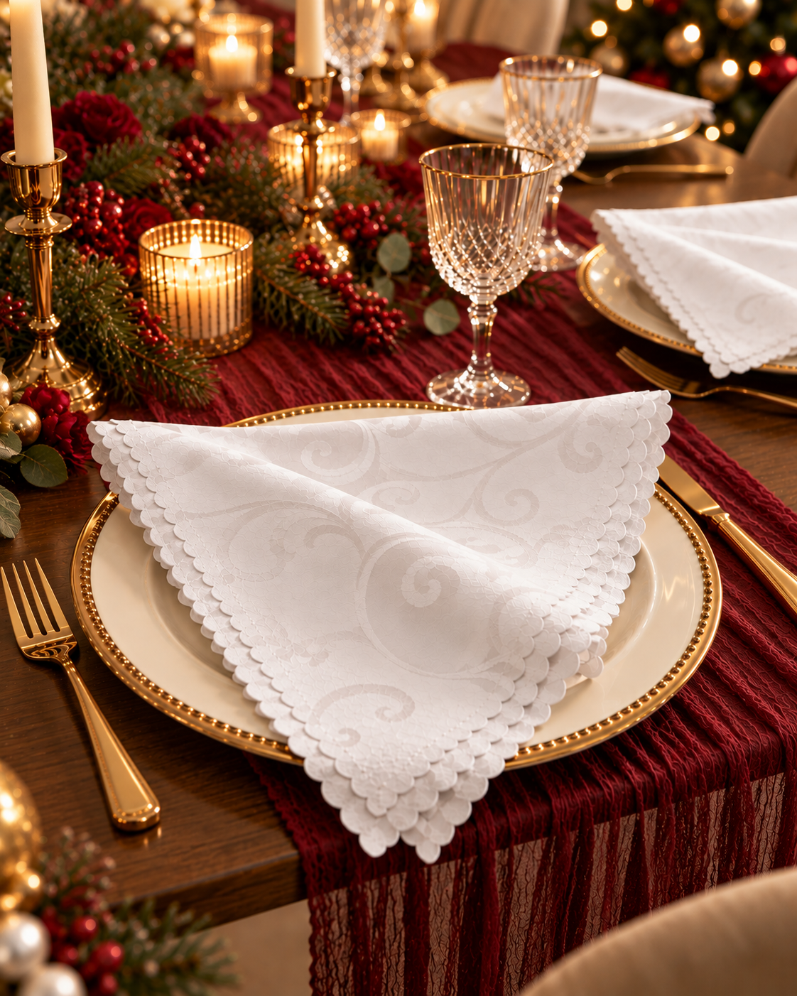 White jacquard cloth napkin on a burgundy table runner