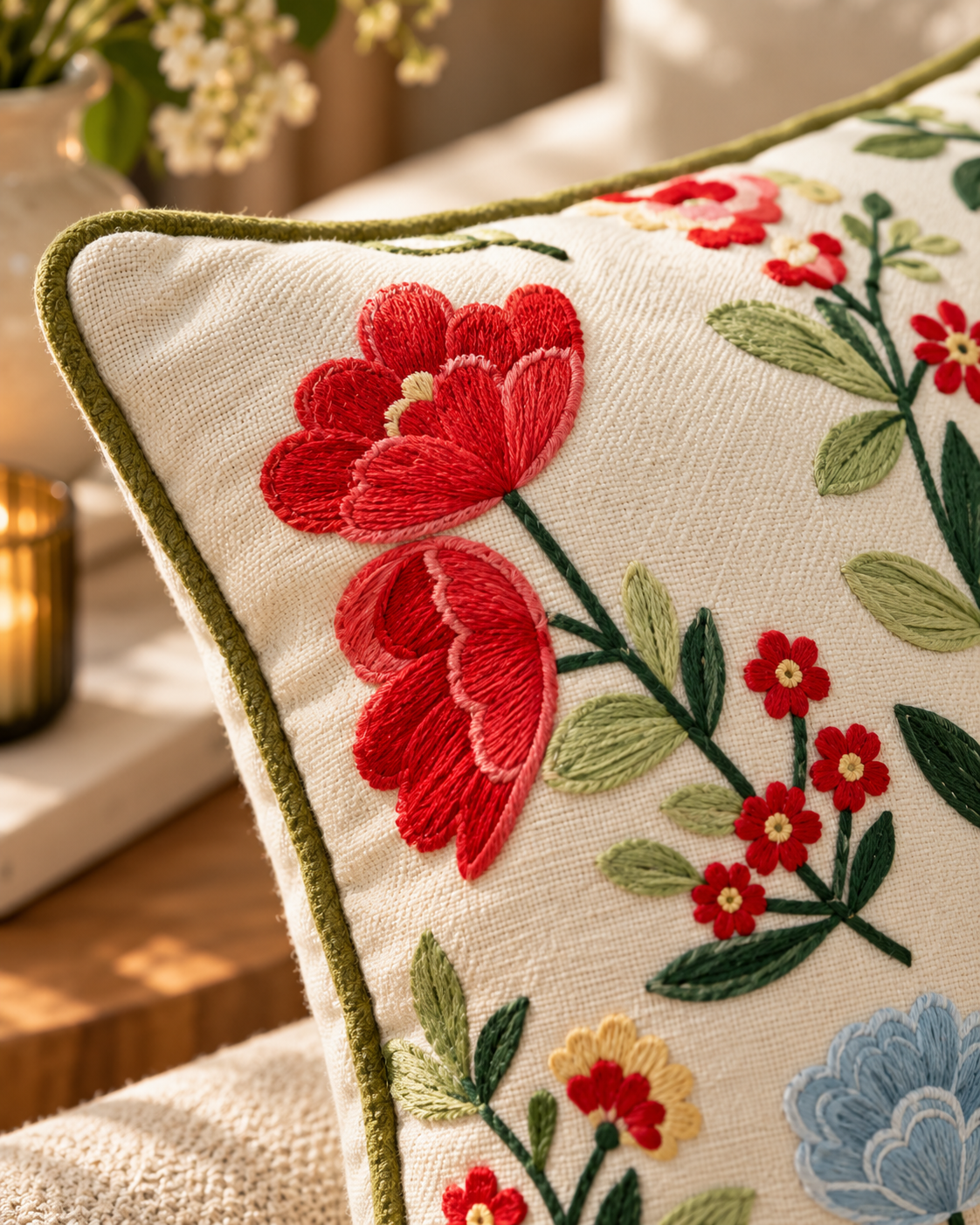 Embroidered Wildflower Cushion with Insert, 45 × 45 cm