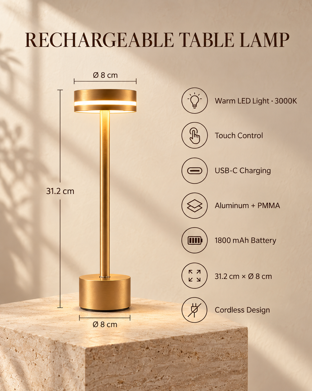 Liora – Rechargeable Gold Table Lamp