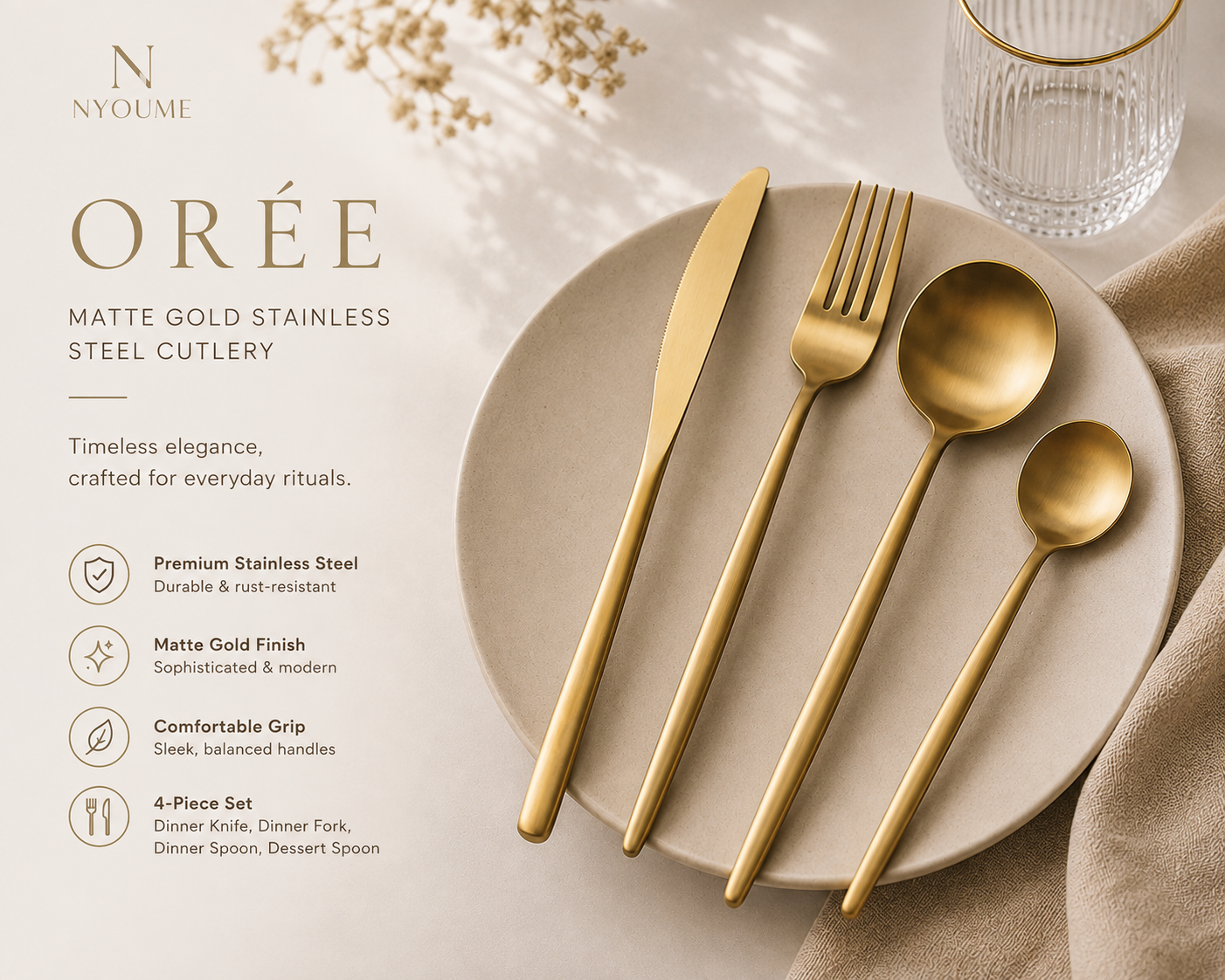 Orée – Matte Gold Stainless Steel Cutlery
