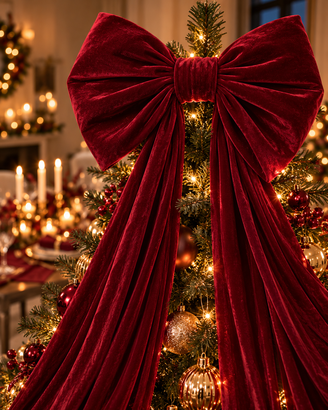 Close-up of a wine red velvet Christmas tree bow
