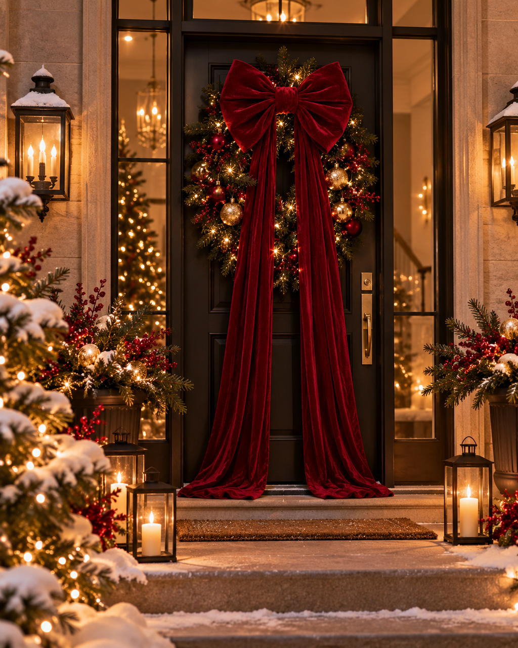 Wine red velvet bow on a front door decorated for Christmas